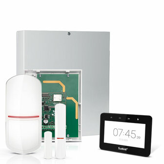 INTEGRA 32 RF pack met zwart INT-TSG2 4.3&quot; touchscreen bediendeel, IP module, RF module, draadloze multifunctionele detector en PIR